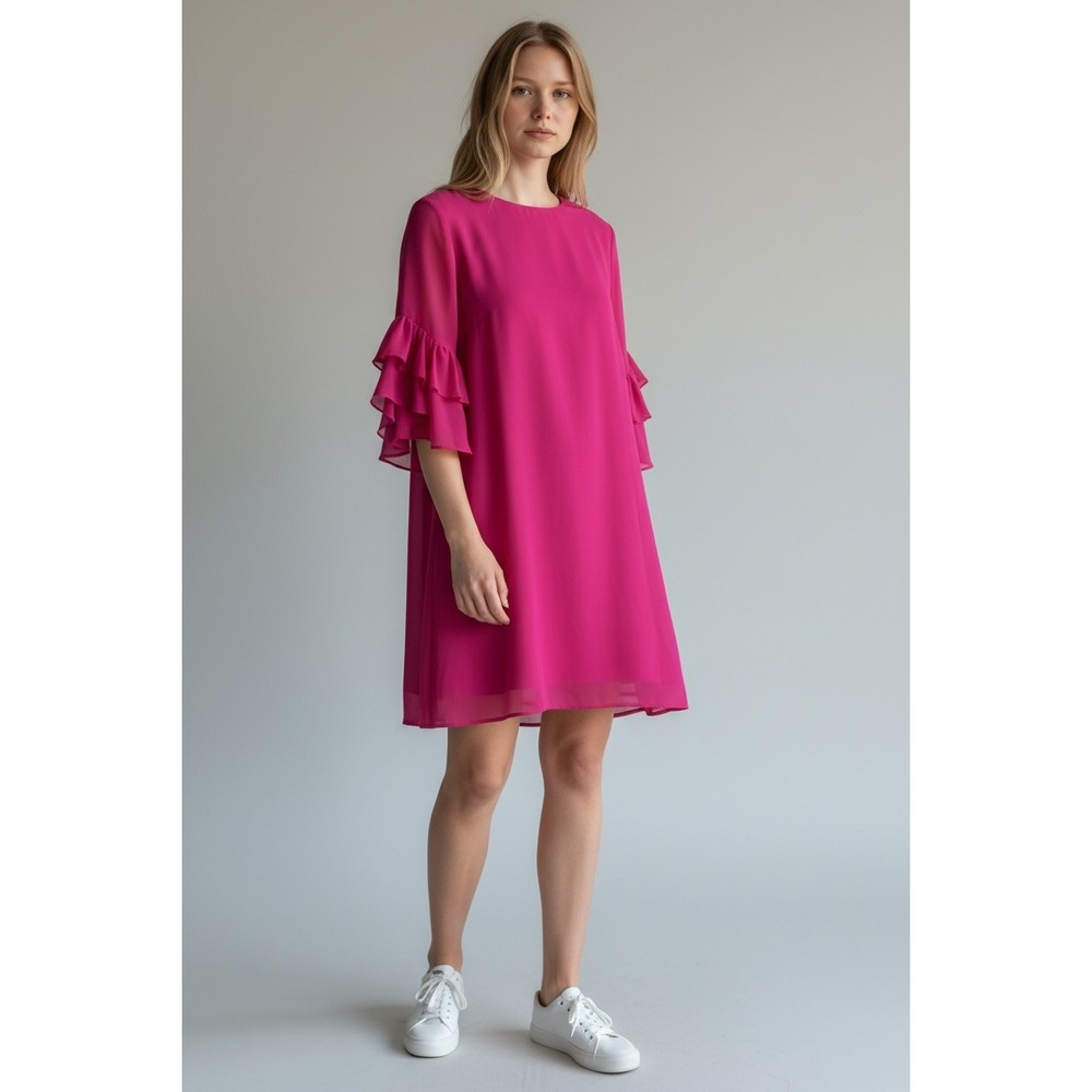 Vince Camuto Hot Pink Chiffon Shift Dress Ruffle Sleeves Barbiecore Size 10